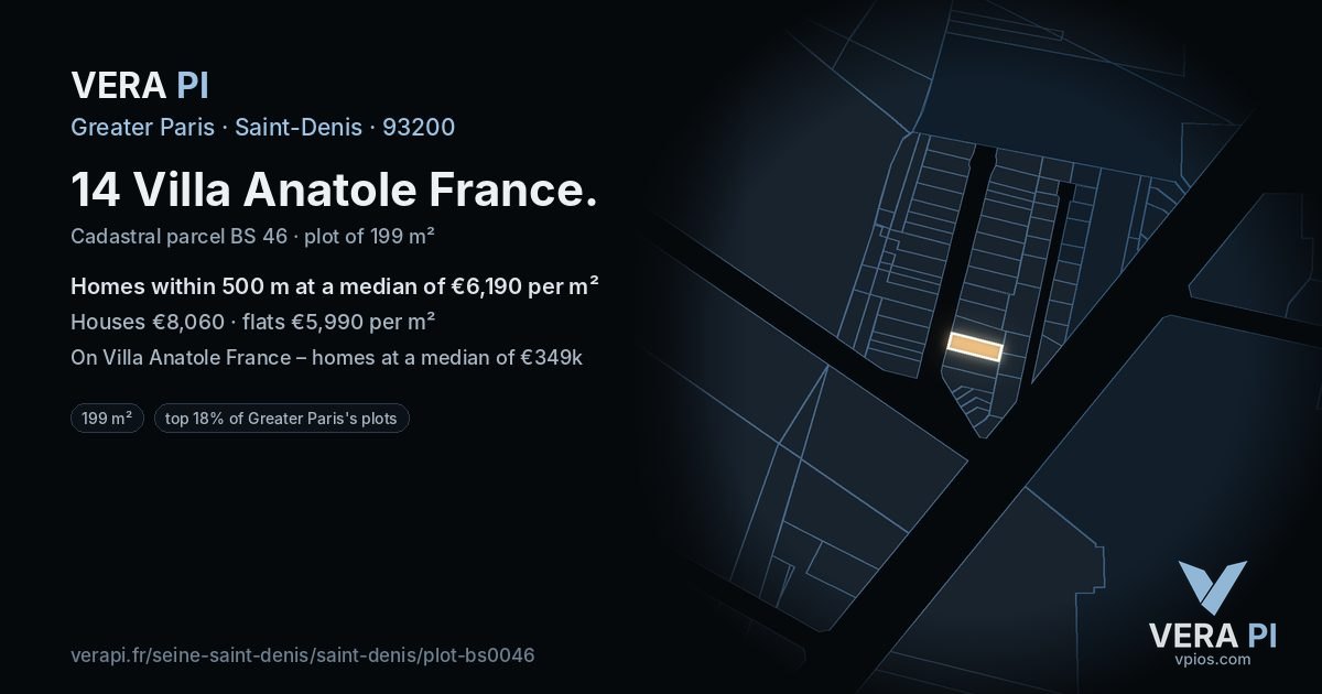 14 Villa Anatole France, Saint-Denis at night – the plot lit, the parcels around coloured by the prices near them