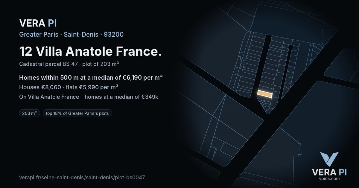 12 Villa Anatole France, Saint-Denis at night – the plot lit, the parcels around coloured by the prices near them