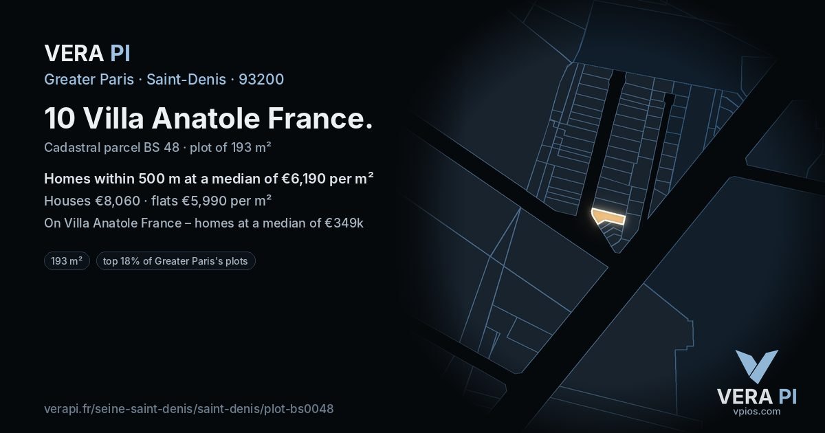 10 Villa Anatole France, Saint-Denis at night – the plot lit, the parcels around coloured by the prices near them