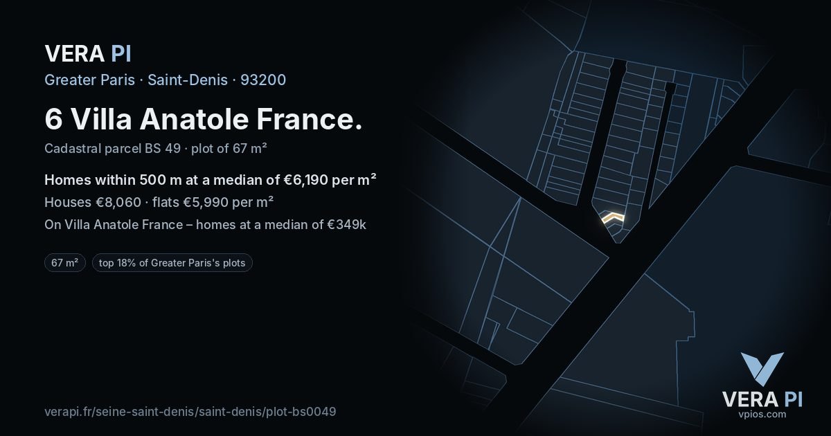 6 Villa Anatole France, Saint-Denis at night – the plot lit, the parcels around coloured by the prices near them