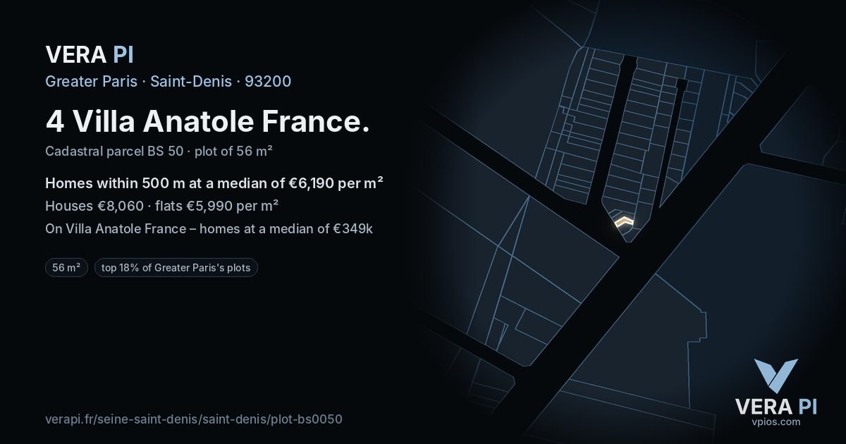 4 Villa Anatole France, Saint-Denis at night – the plot lit, the parcels around coloured by the prices near them