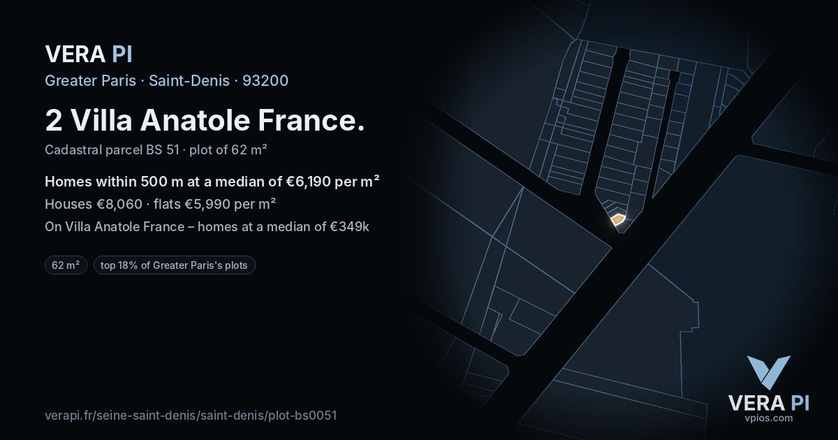 2 Villa Anatole France, Saint-Denis at night – the plot lit, the parcels around coloured by the prices near them