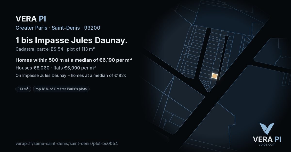 1 bis Impasse Jules Daunay, Saint-Denis at night – the plot lit, the parcels around coloured by the prices near them