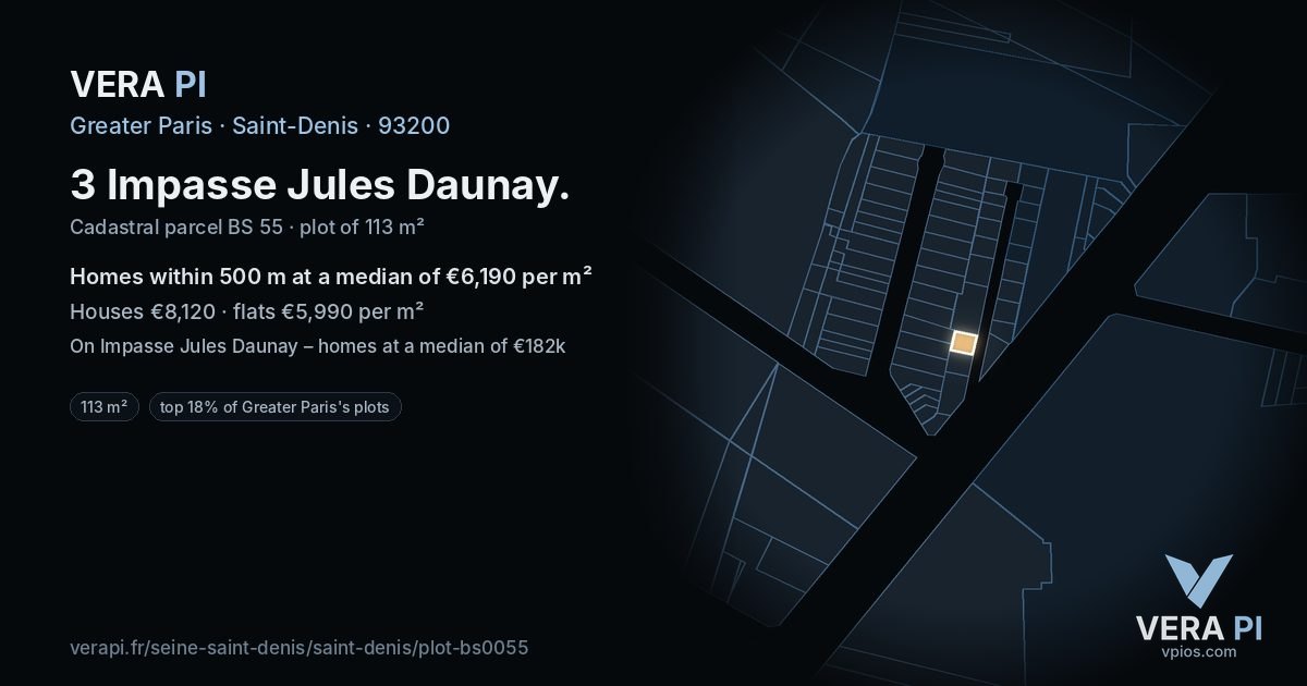 3 Impasse Jules Daunay, Saint-Denis at night – the plot lit, the parcels around coloured by the prices near them