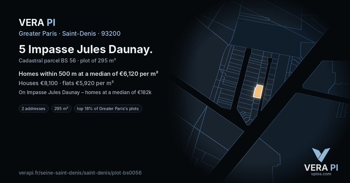 5 Impasse Jules Daunay, Saint-Denis at night – the plot lit, the parcels around coloured by the prices near them