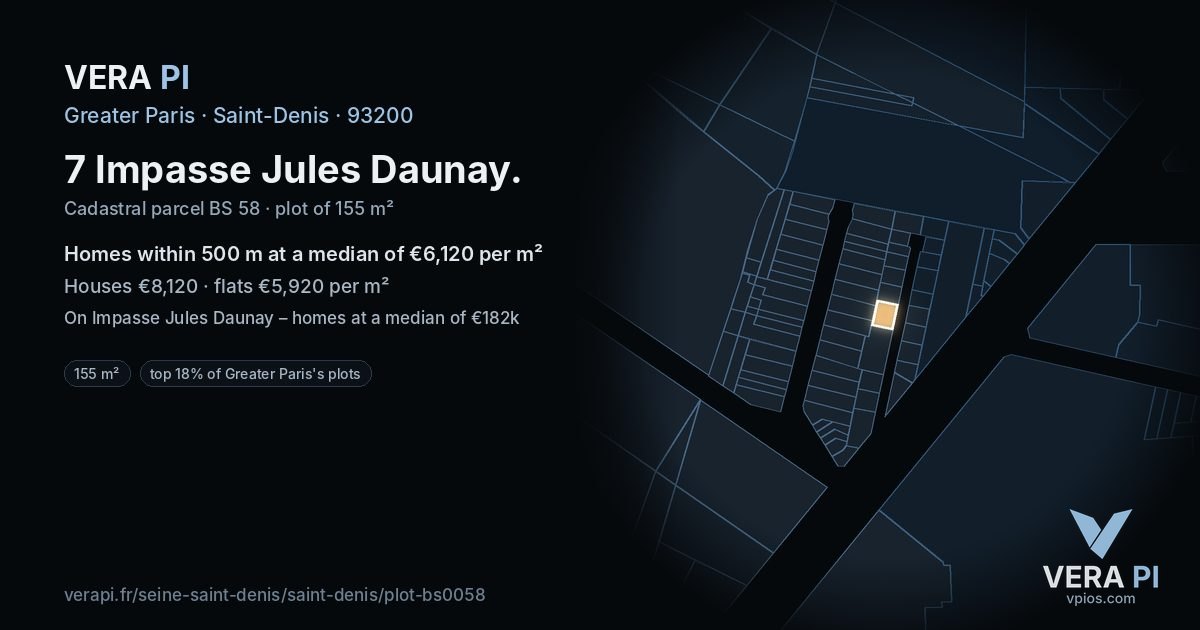 7 Impasse Jules Daunay, Saint-Denis at night – the plot lit, the parcels around coloured by the prices near them