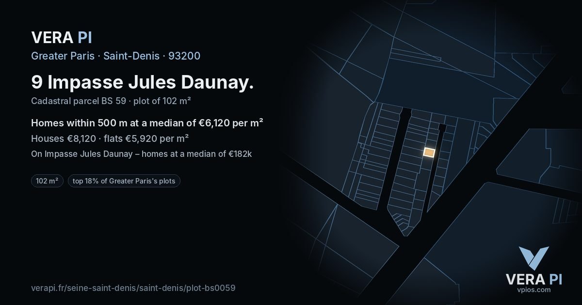 9 Impasse Jules Daunay, Saint-Denis at night – the plot lit, the parcels around coloured by the prices near them