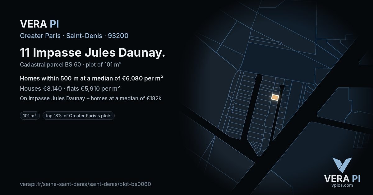 11 Impasse Jules Daunay, Saint-Denis at night – the plot lit, the parcels around coloured by the prices near them