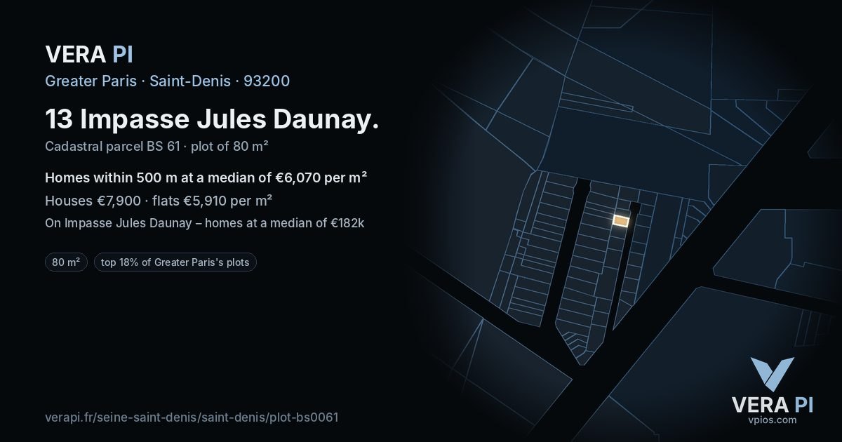 13 Impasse Jules Daunay, Saint-Denis at night – the plot lit, the parcels around coloured by the prices near them