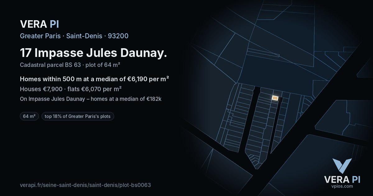 17 Impasse Jules Daunay, Saint-Denis at night – the plot lit, the parcels around coloured by the prices near them