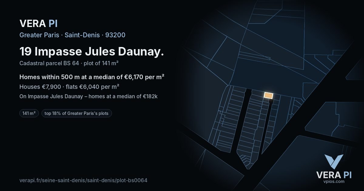 19 Impasse Jules Daunay, Saint-Denis at night – the plot lit, the parcels around coloured by the prices near them