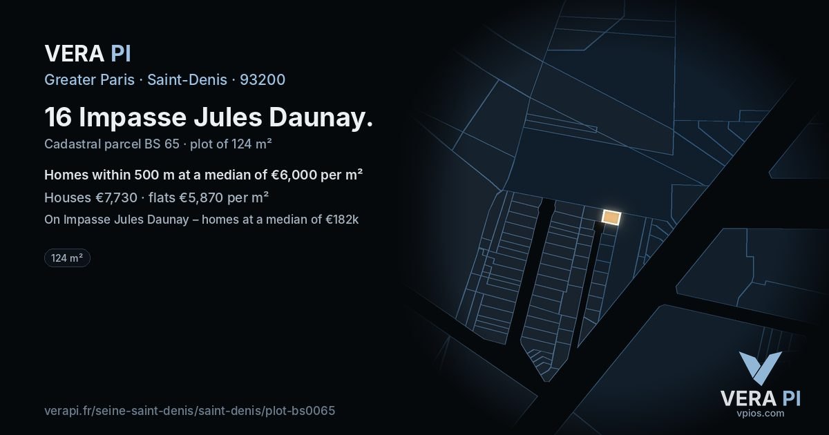 16 Impasse Jules Daunay, Saint-Denis at night – the plot lit, the parcels around coloured by the prices near them