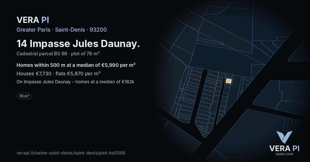 14 Impasse Jules Daunay, Saint-Denis at night – the plot lit, the parcels around coloured by the prices near them