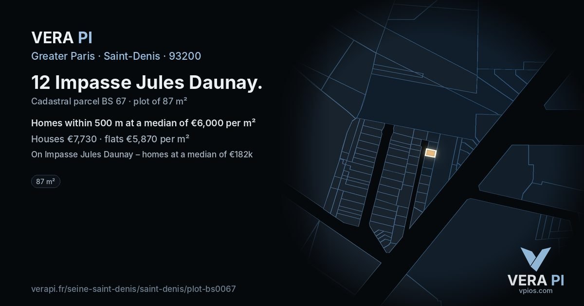 12 Impasse Jules Daunay, Saint-Denis at night – the plot lit, the parcels around coloured by the prices near them