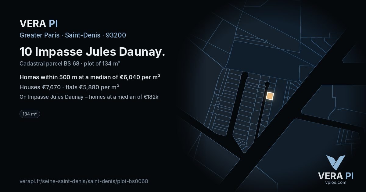 10 Impasse Jules Daunay, Saint-Denis at night – the plot lit, the parcels around coloured by the prices near them