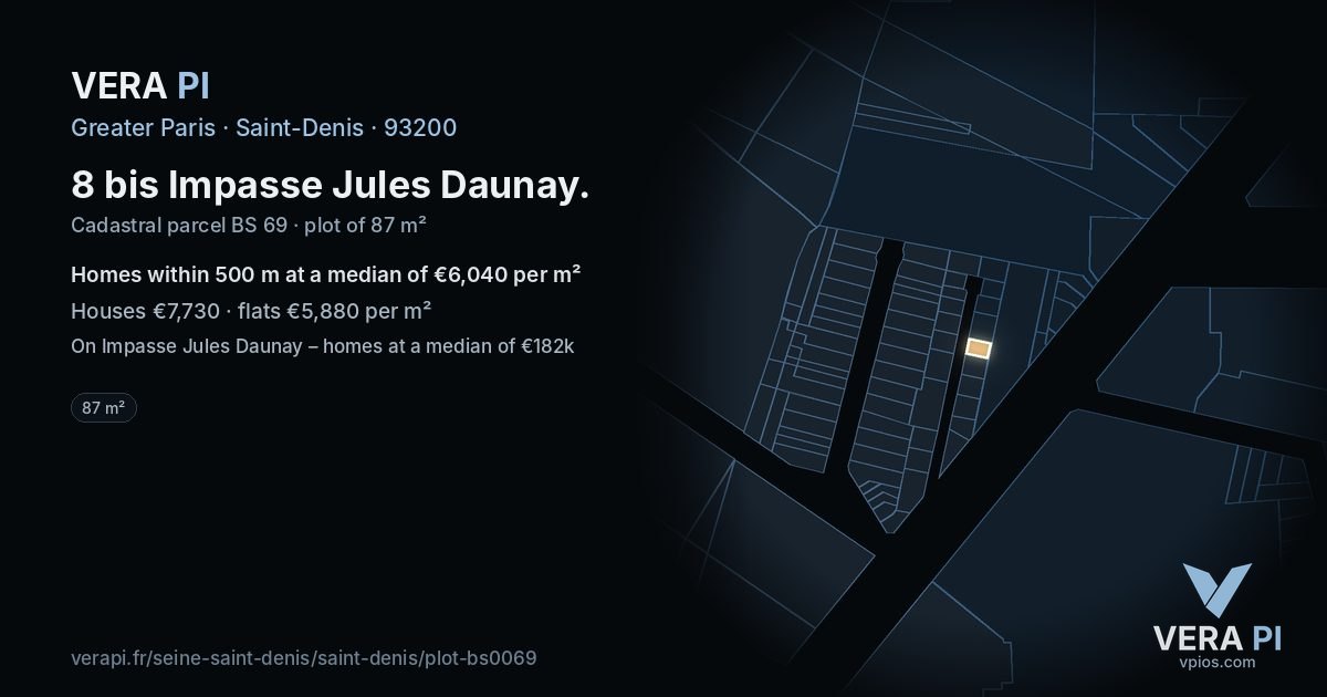 8 bis Impasse Jules Daunay, Saint-Denis at night – the plot lit, the parcels around coloured by the prices near them