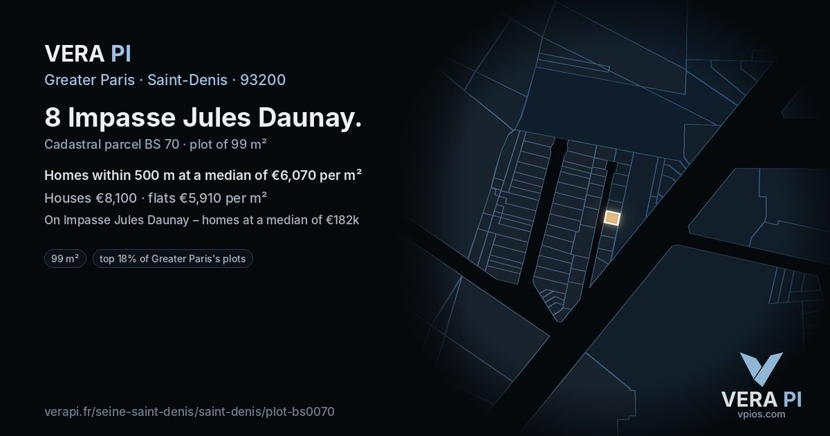 8 Impasse Jules Daunay, Saint-Denis at night – the plot lit, the parcels around coloured by the prices near them
