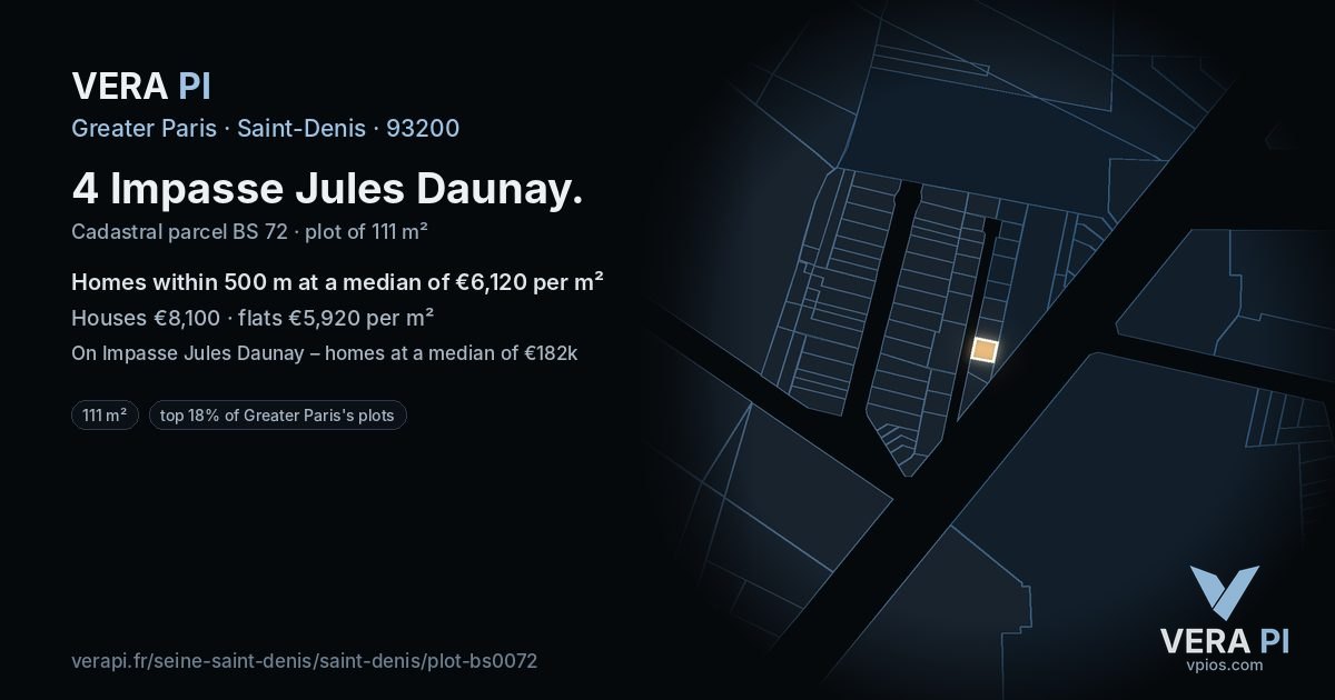 4 Impasse Jules Daunay, Saint-Denis at night – the plot lit, the parcels around coloured by the prices near them