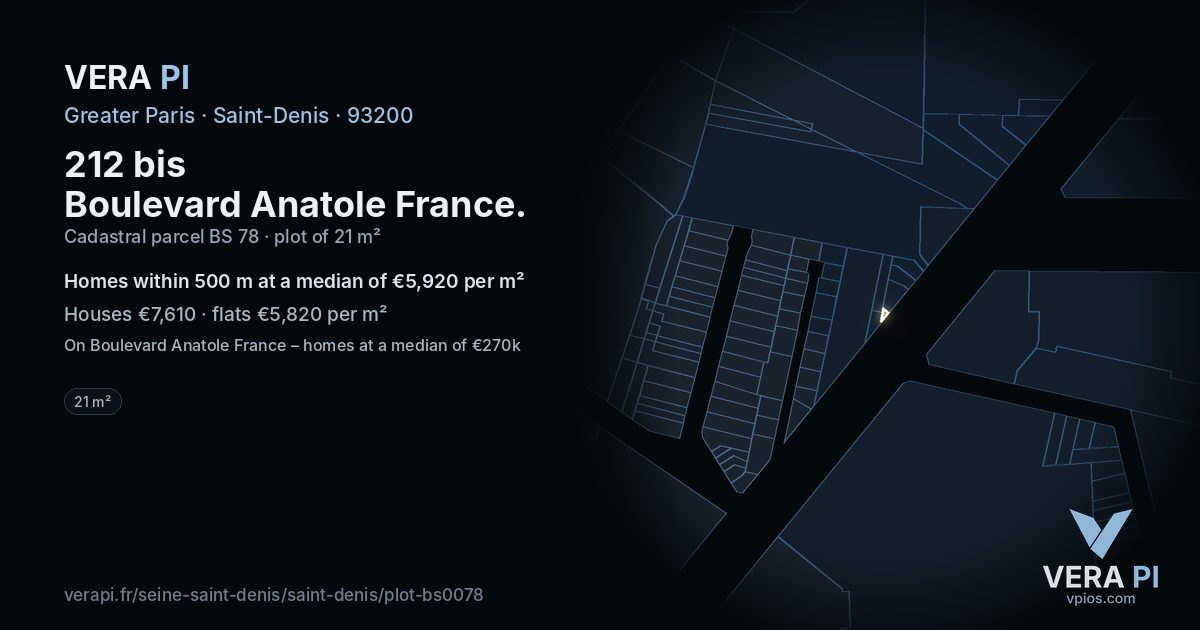 212 bis Boulevard Anatole France, Saint-Denis at night – the plot lit, the parcels around coloured by the prices near them