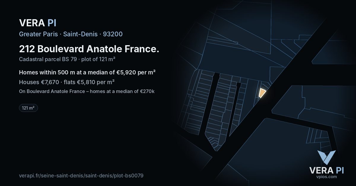 212 Boulevard Anatole France, Saint-Denis at night – the plot lit, the parcels around coloured by the prices near them