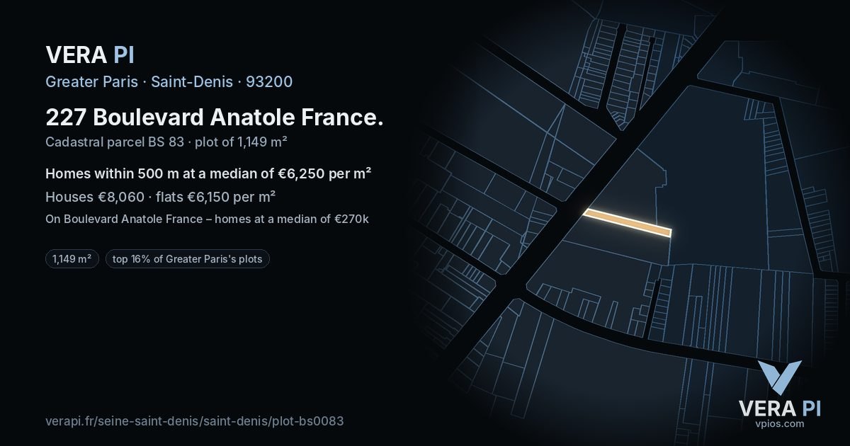 227 Boulevard Anatole France, Saint-Denis at night – the plot lit, the parcels around coloured by the prices near them