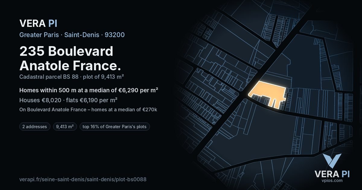 235 Boulevard Anatole France, Saint-Denis at night – the plot lit, the parcels around coloured by the prices near them