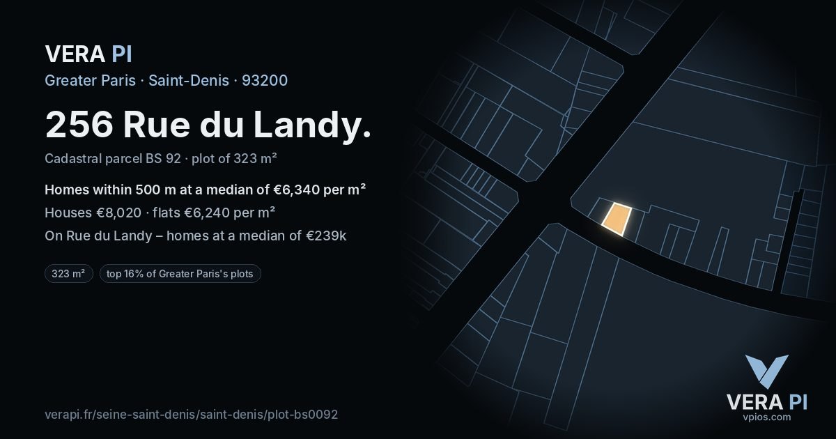 256 Rue du Landy, Saint-Denis at night – the plot lit, the parcels around coloured by the prices near them