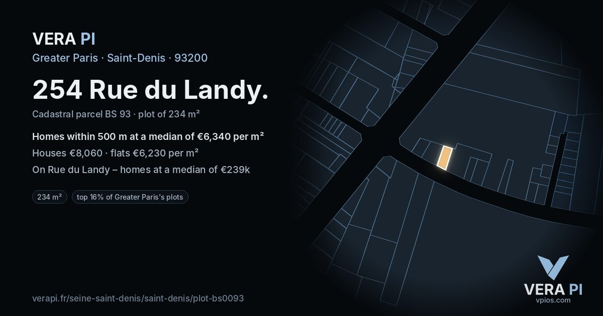 254 Rue du Landy, Saint-Denis at night – the plot lit, the parcels around coloured by the prices near them