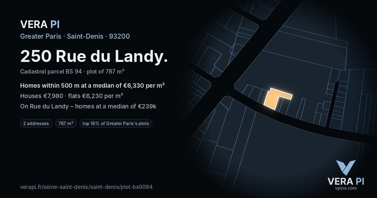 250 Rue du Landy, Saint-Denis at night – the plot lit, the parcels around coloured by the prices near them