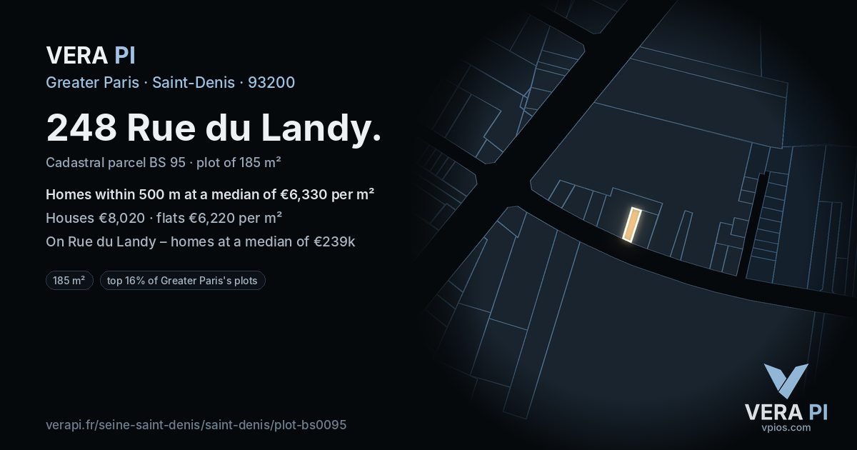 248 Rue du Landy, Saint-Denis at night – the plot lit, the parcels around coloured by the prices near them