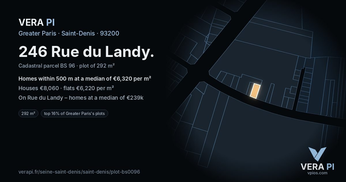246 Rue du Landy, Saint-Denis at night – the plot lit, the parcels around coloured by the prices near them