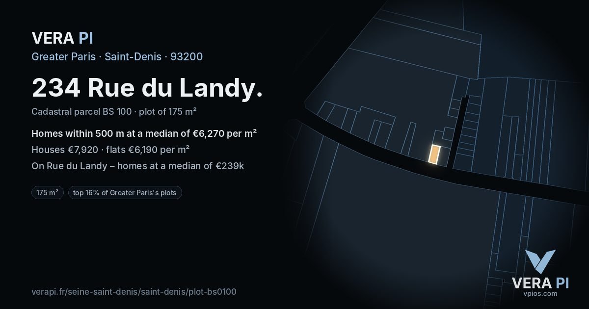 234 Rue du Landy, Saint-Denis at night – the plot lit, the parcels around coloured by the prices near them