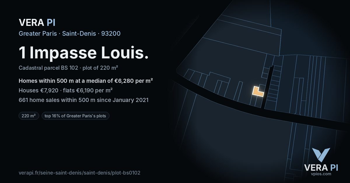 1 Impasse Louis, Saint-Denis at night – the plot lit, the parcels around coloured by the prices near them