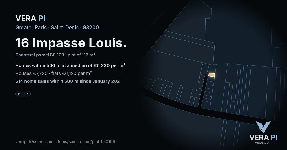 16 Impasse Louis, Saint-Denis at night – the plot lit, the parcels around coloured by the prices near them