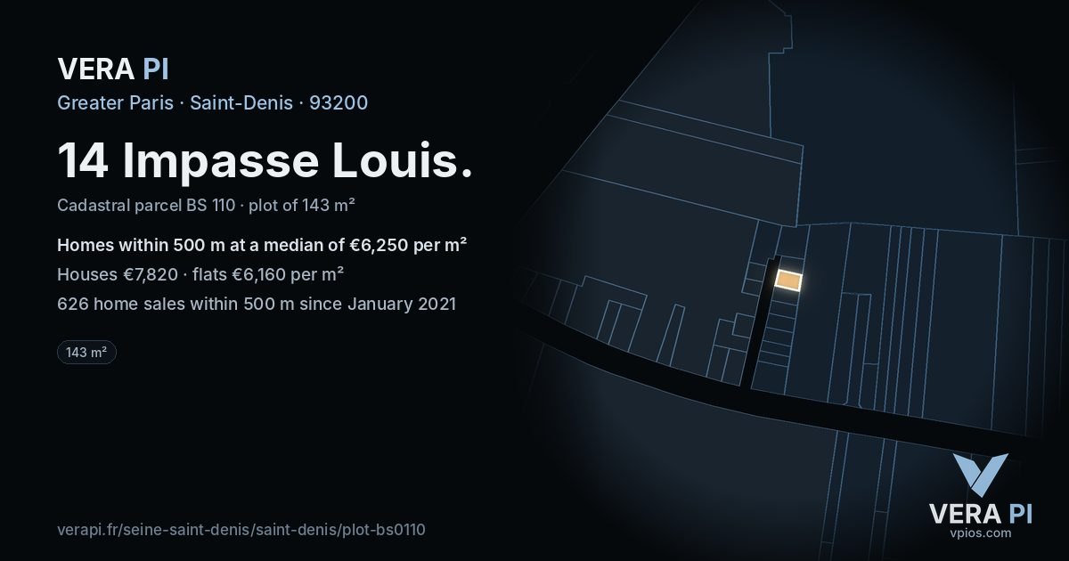 14 Impasse Louis, Saint-Denis at night – the plot lit, the parcels around coloured by the prices near them