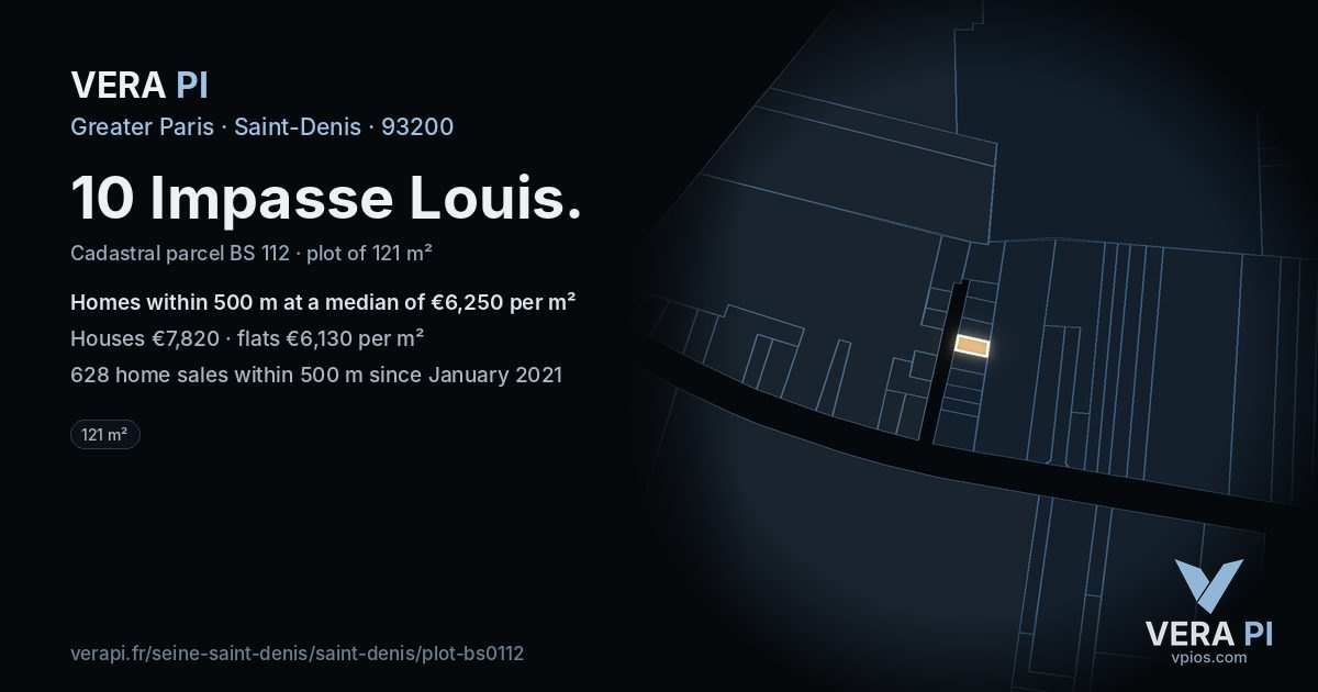 10 Impasse Louis, Saint-Denis at night – the plot lit, the parcels around coloured by the prices near them