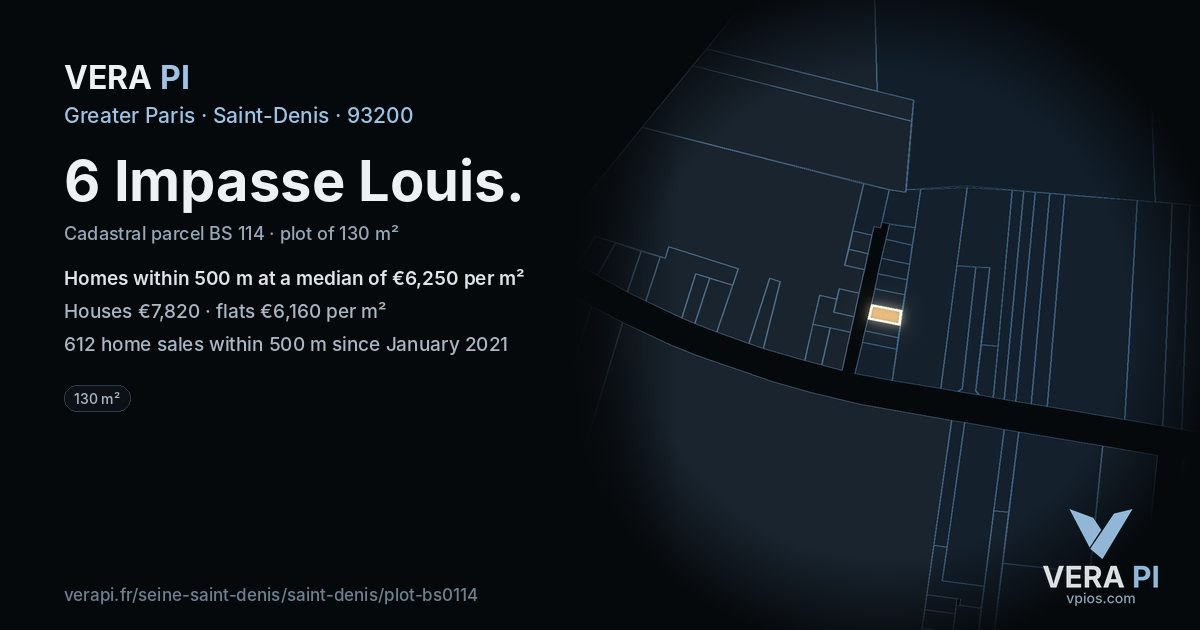 6 Impasse Louis, Saint-Denis at night – the plot lit, the parcels around coloured by the prices near them