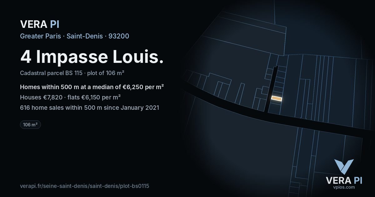 4 Impasse Louis, Saint-Denis at night – the plot lit, the parcels around coloured by the prices near them