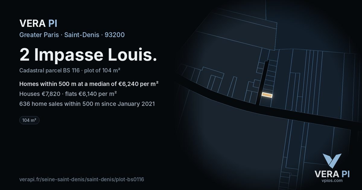 2 Impasse Louis, Saint-Denis at night – the plot lit, the parcels around coloured by the prices near them