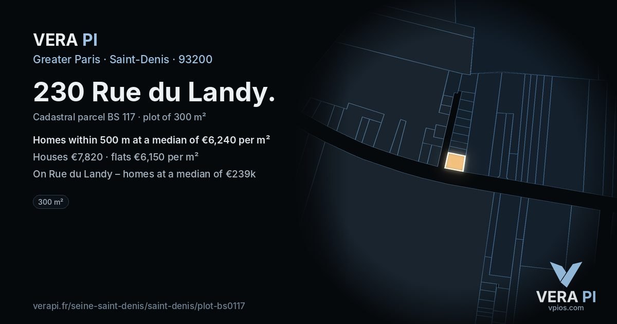 230 Rue du Landy, Saint-Denis at night – the plot lit, the parcels around coloured by the prices near them