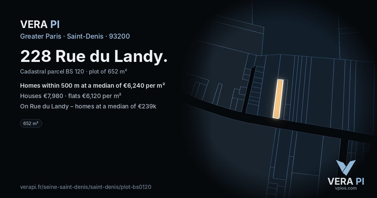 228 Rue du Landy, Saint-Denis at night – the plot lit, the parcels around coloured by the prices near them