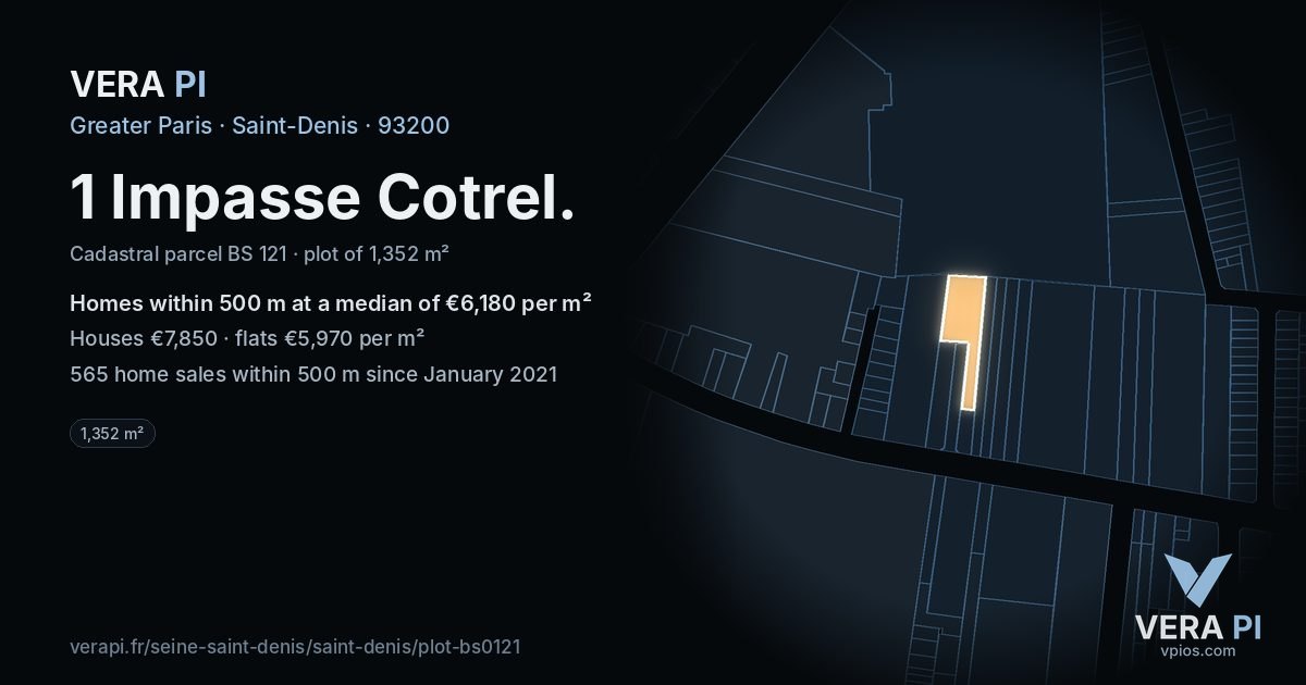 1 Impasse Cotrel, Saint-Denis at night – the plot lit, the parcels around coloured by the prices near them