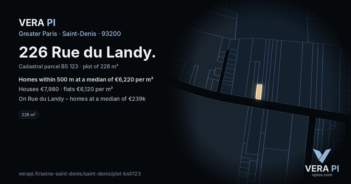 226 Rue du Landy, Saint-Denis at night – the plot lit, the parcels around coloured by the prices near them