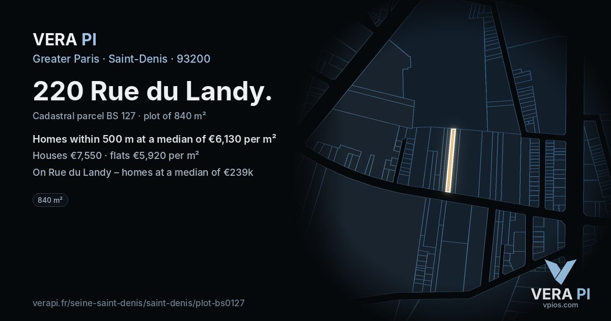 220 Rue du Landy, Saint-Denis at night – the plot lit, the parcels around coloured by the prices near them