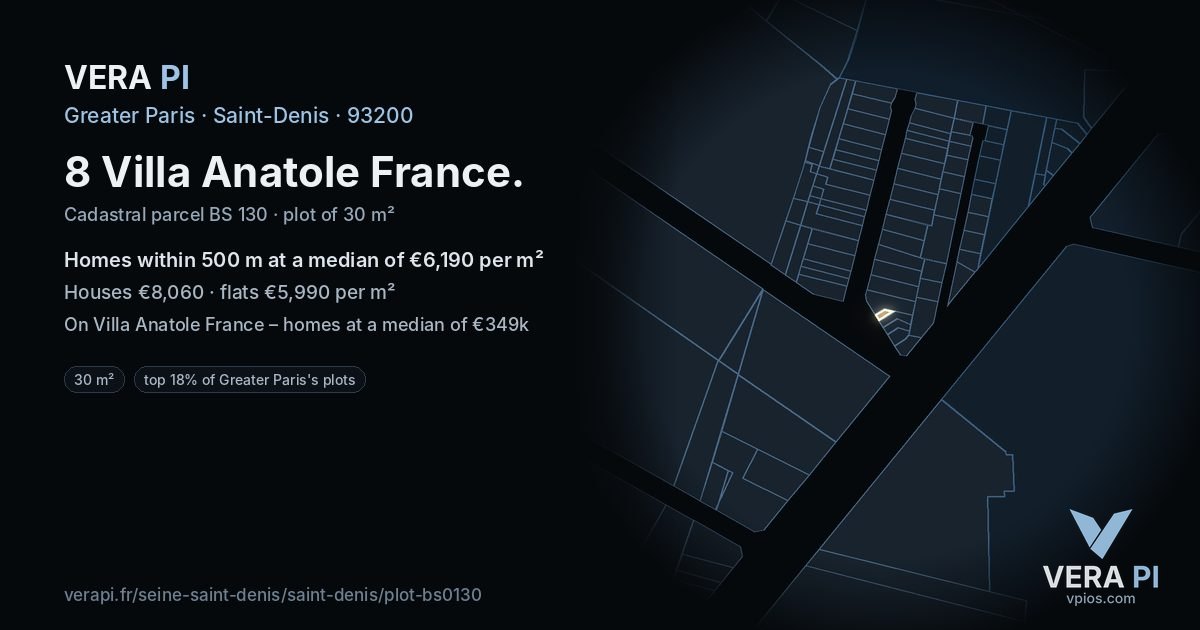8 Villa Anatole France, Saint-Denis at night – the plot lit, the parcels around coloured by the prices near them