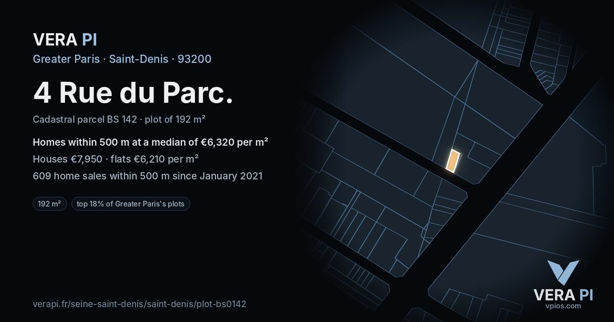 4 Rue du Parc, Saint-Denis at night – the plot lit, the parcels around coloured by the prices near them
