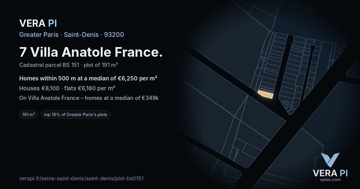 7 Villa Anatole France, Saint-Denis at night – the plot lit, the parcels around coloured by the prices near them