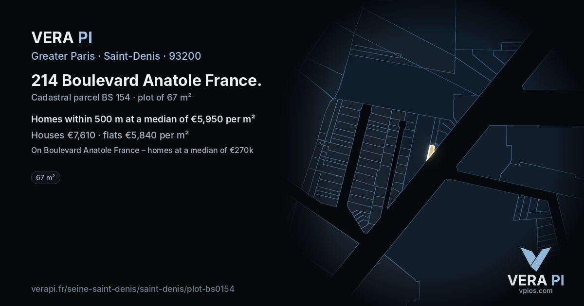 214 Boulevard Anatole France, Saint-Denis at night – the plot lit, the parcels around coloured by the prices near them