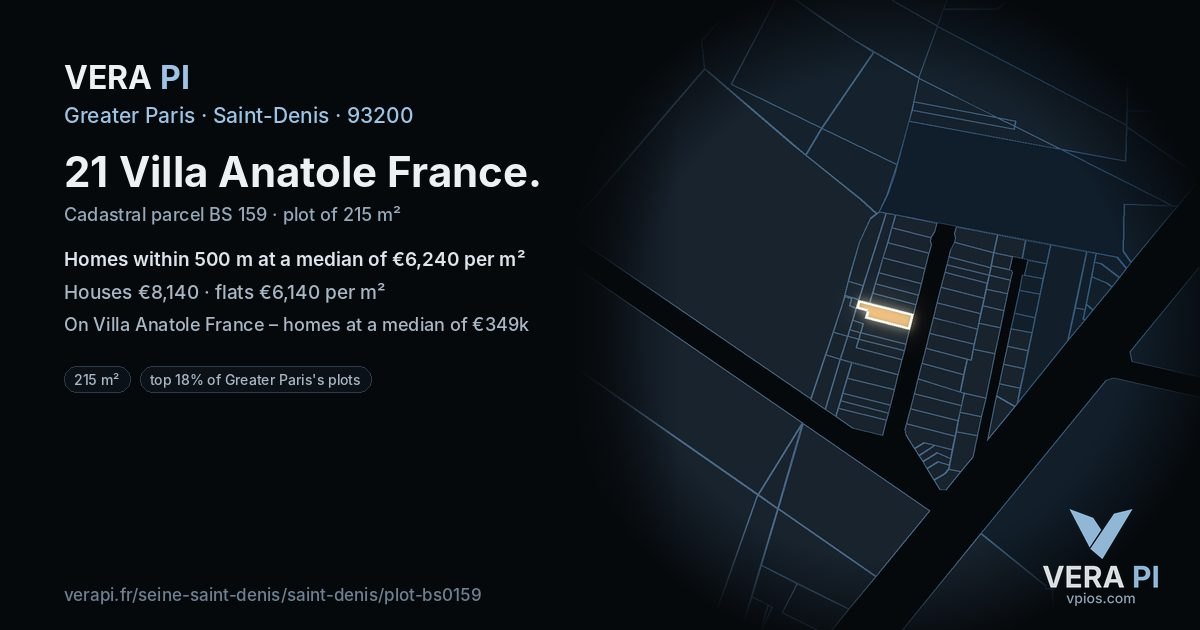 21 Villa Anatole France, Saint-Denis at night – the plot lit, the parcels around coloured by the prices near them