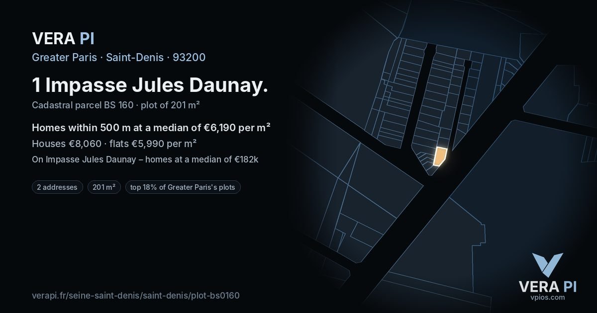 1 Impasse Jules Daunay, Saint-Denis at night – the plot lit, the parcels around coloured by the prices near them